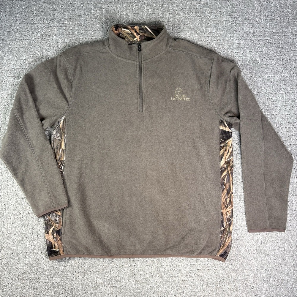 Ducks Unlimited Mens XL Fleece Quarter Zip Pullover Olive Green Camo Embroidered